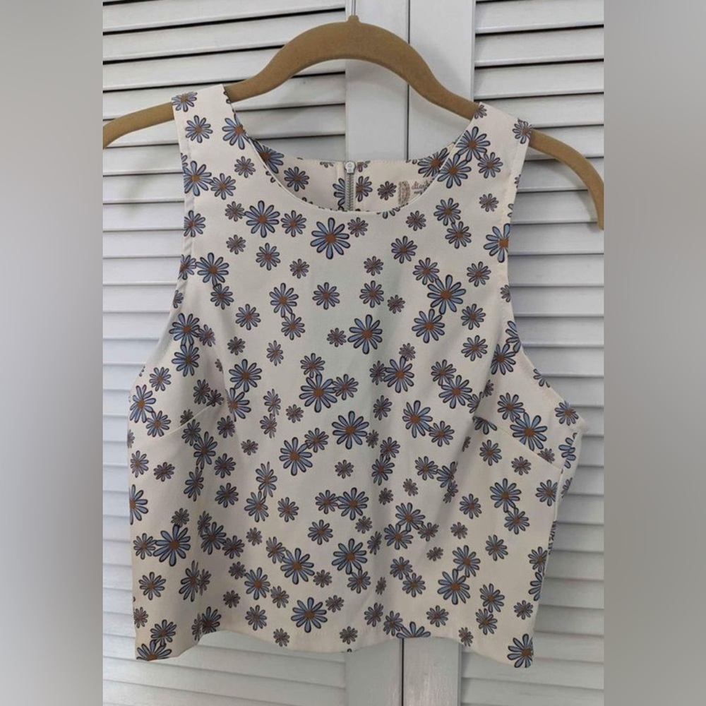 Altar'd State Floral Sleeveless Blouse - Cream and Blue